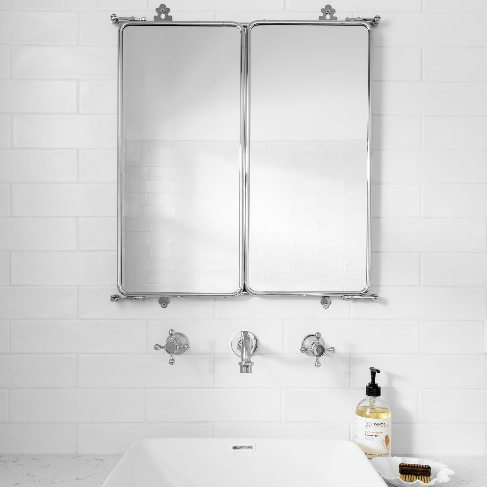 silver mirror cabinet, silver taps, square basin with rounded edges, small white soap dish 54 Garfield Road Garfield bathroom