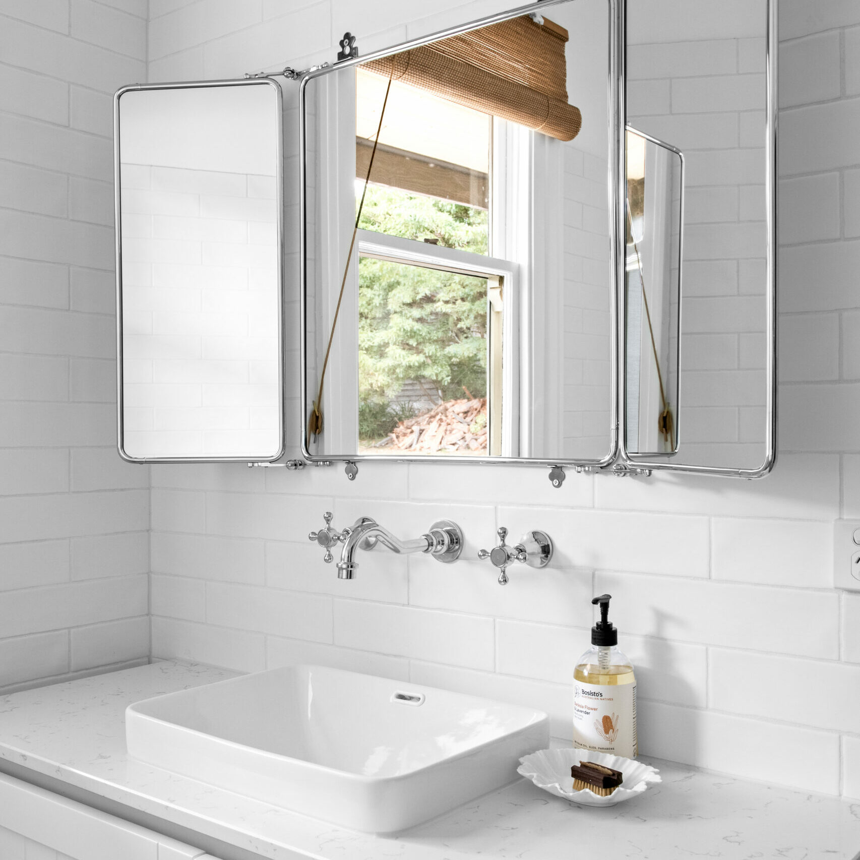 vintage mirror, that open out, vintage silver taps, square basin with rounded edges 54 Garfield Road Garfield bathroom