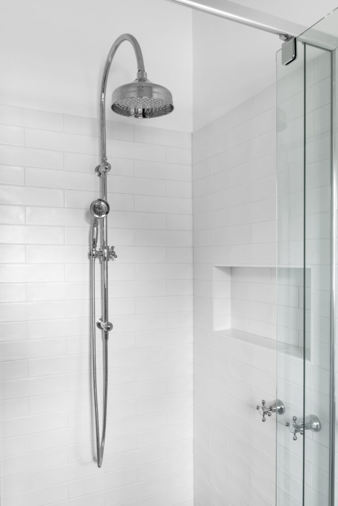 silver shower heads, vintage taps in shower 54 Garfield Road Garfield bathroom
