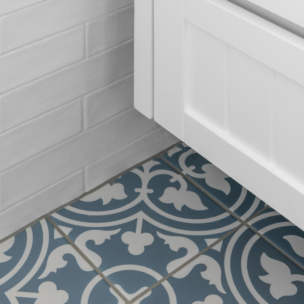 decorative floor tiles, close up, textured wall tiles, white vanity and cabinetry 54 Garfield Road Garfield bathroom